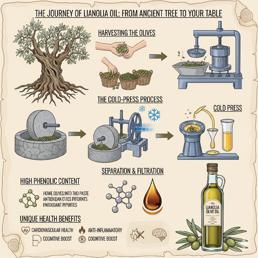 Infographie&nbsp;: Le parcours de l’huile d’olive Lianolia, de l’arbre à la bouteille, montrant la récolte, la pression à froid, la séparation, la teneur élevée en composés phénoliques et les bienfaits pour la santé.
